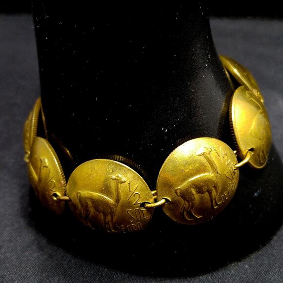Vintage 1970s Peruvian Coin Bracelet Signed Dated Coins 7.5 Inch Hook Clasp - Picture 2 of 10